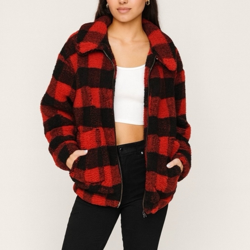 Elodie Black and Red Checkered Fleece Jacket